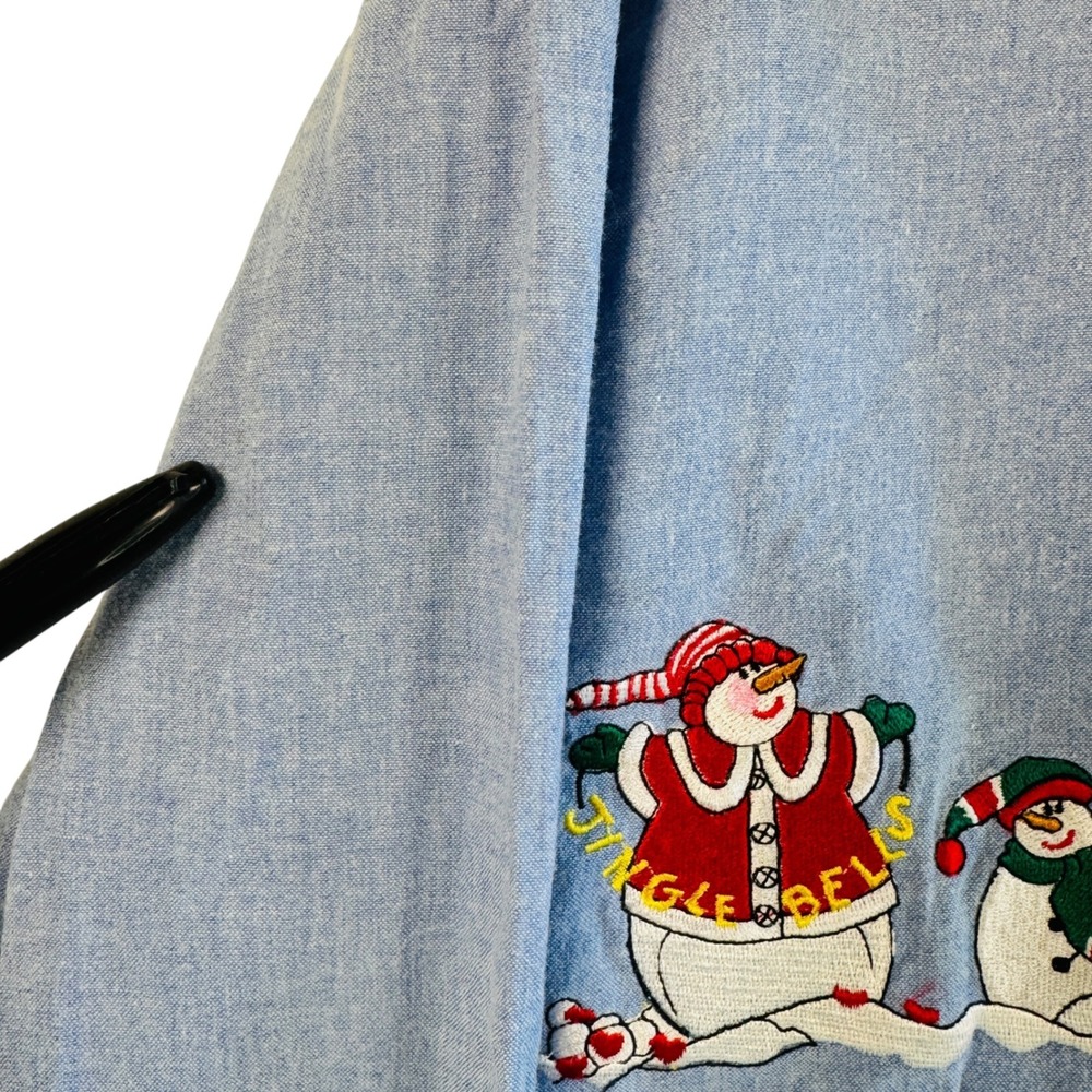 Vtg Christmas Snowman Shirt Chambray Denim Holiday Button Down Top S Festive - Picture 8 of 11